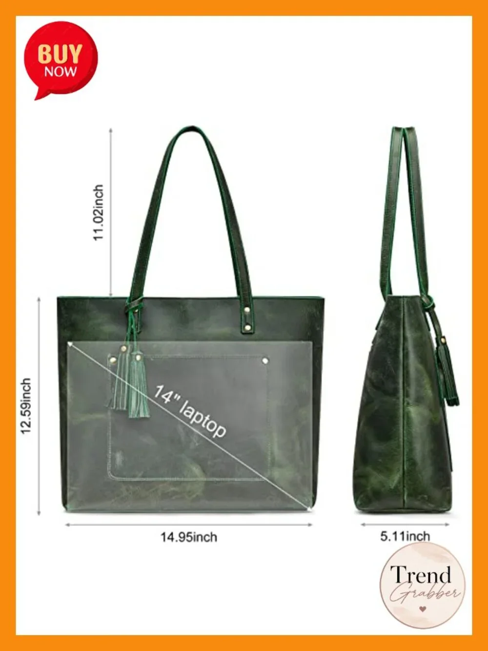 Vintage Leather Tote Bag with Tassel - Large Capacity Work Tote